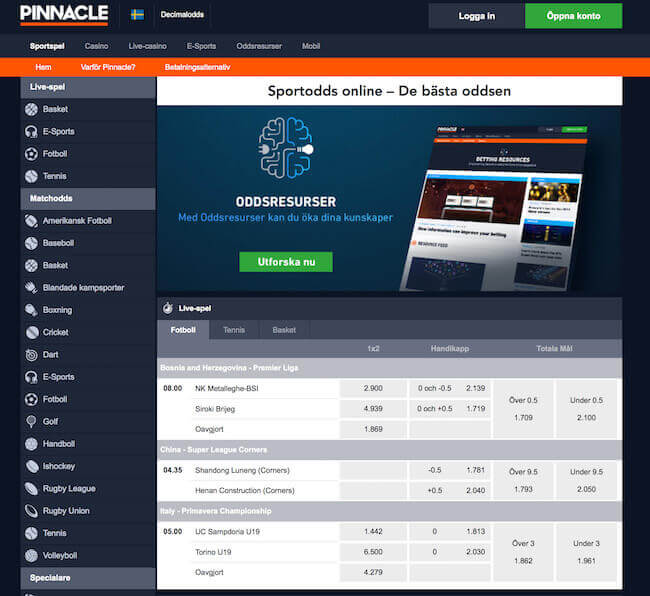 Spelutbud Sport Odds Pinnacle