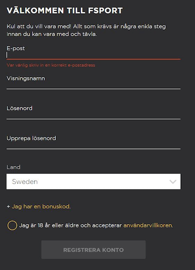 Registrera nytt FSport konto